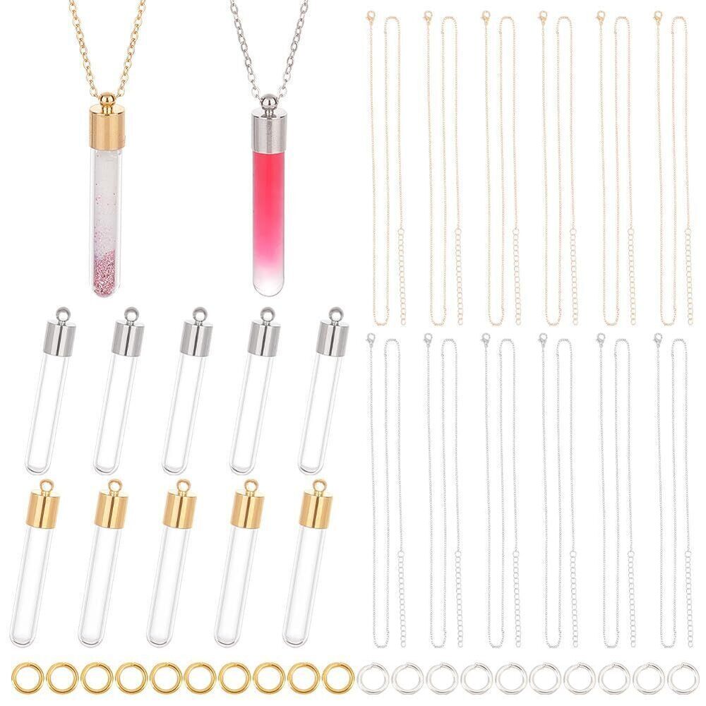 6715 16 Sets Vial Pendant Glass Vial Necklace, Golden Platinum 16Pcs Chains
